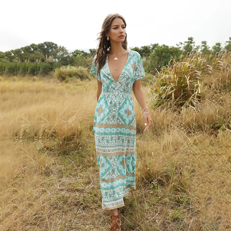 

Women Summer Ladies Long Print Dress 2021 New Elegant V-neck Slim High Waist Bohemian Short Sleeve Dress