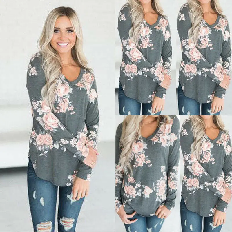 

Womens Crew Neck Pullover Tops Casual Long Sleeve Floral Tunic Blouse T Shirt US