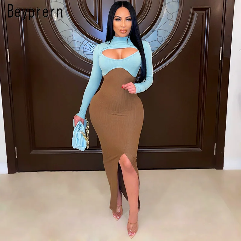 

Beyprern New Chic Unique Two-Tone Rib Maxi Dress Womens Fashion Long Sleeve Crop Top And Straps Two-Piece Dress Party Club Wear
