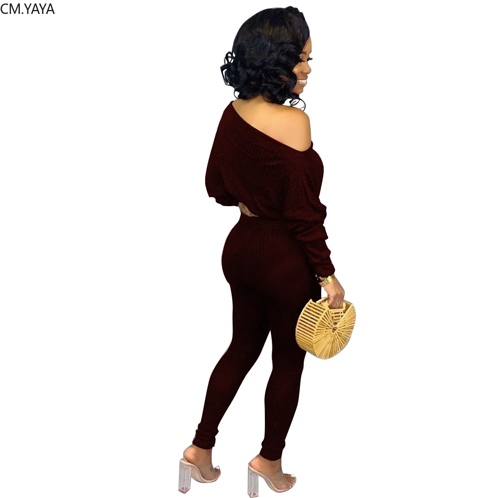 Осенний вязаный Однотонный женский комплект свитер с открытыми плечами и