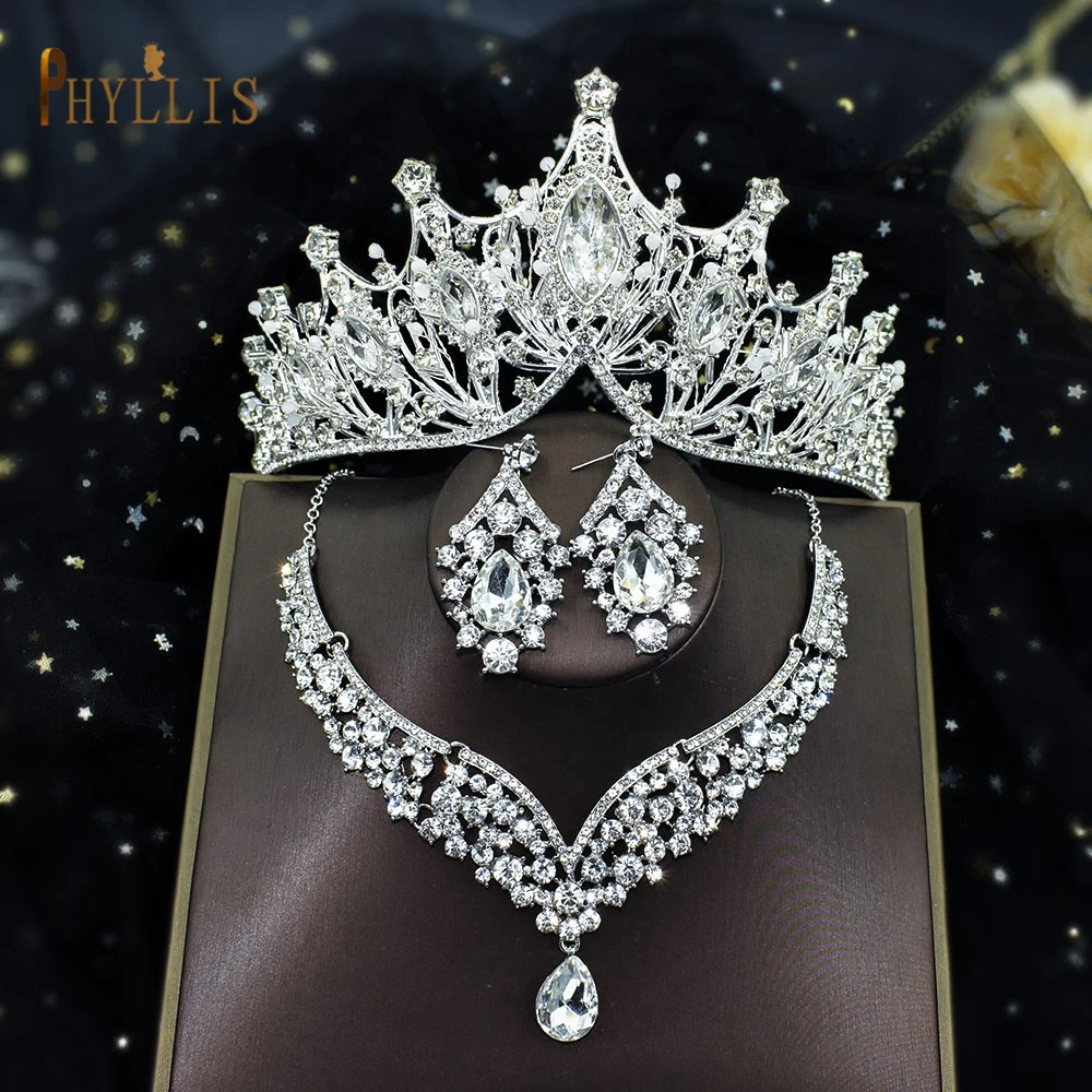 

A58 Crystal Bridal Jewelry Sets Vintage Wedding Pageant Diadem Tiara Baroque Crown Necklace Earrings For Bride Hair Ornaments