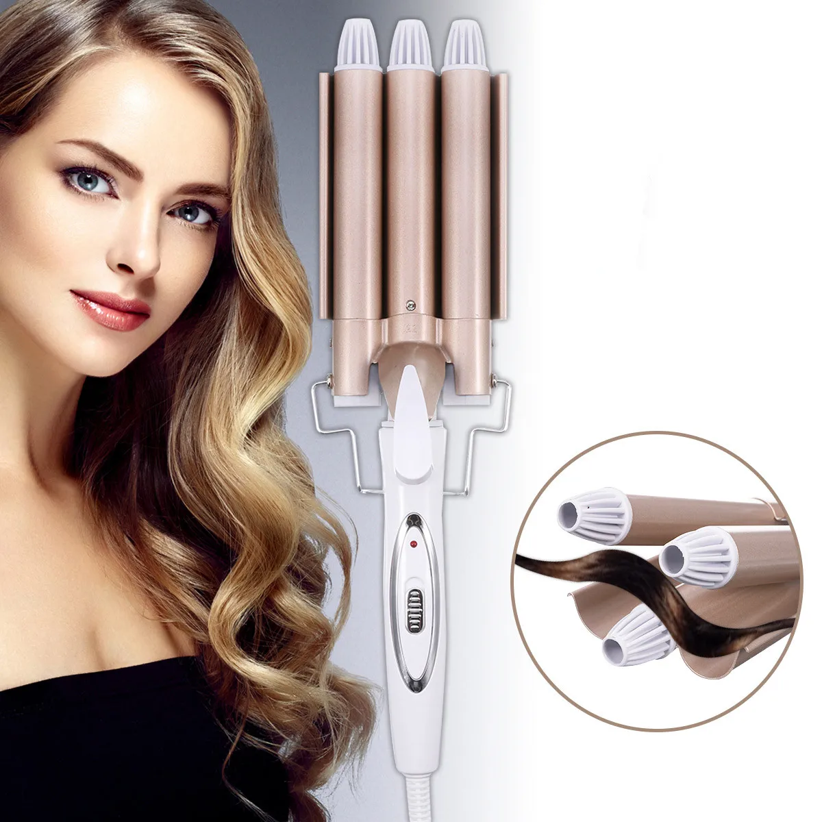 

Hair Roller Golden Fast Heating Curling Iron Three-Stick Curler Egg Roll Head 3 Tube Ceramic Curling for Salon Home With EU Plug