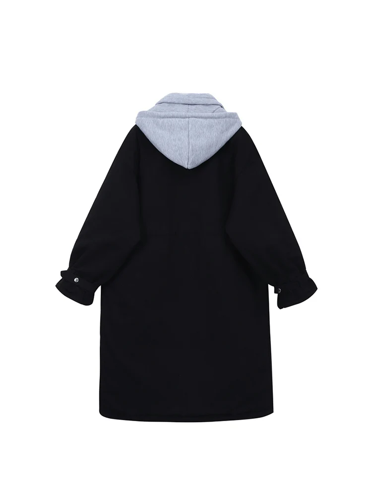 Winter Trench Coat Jacket Women Patchwork Fake Two Pieces Warm Thickened Female Casual Loose Overcoat Hooded Cotton-padded | Женская