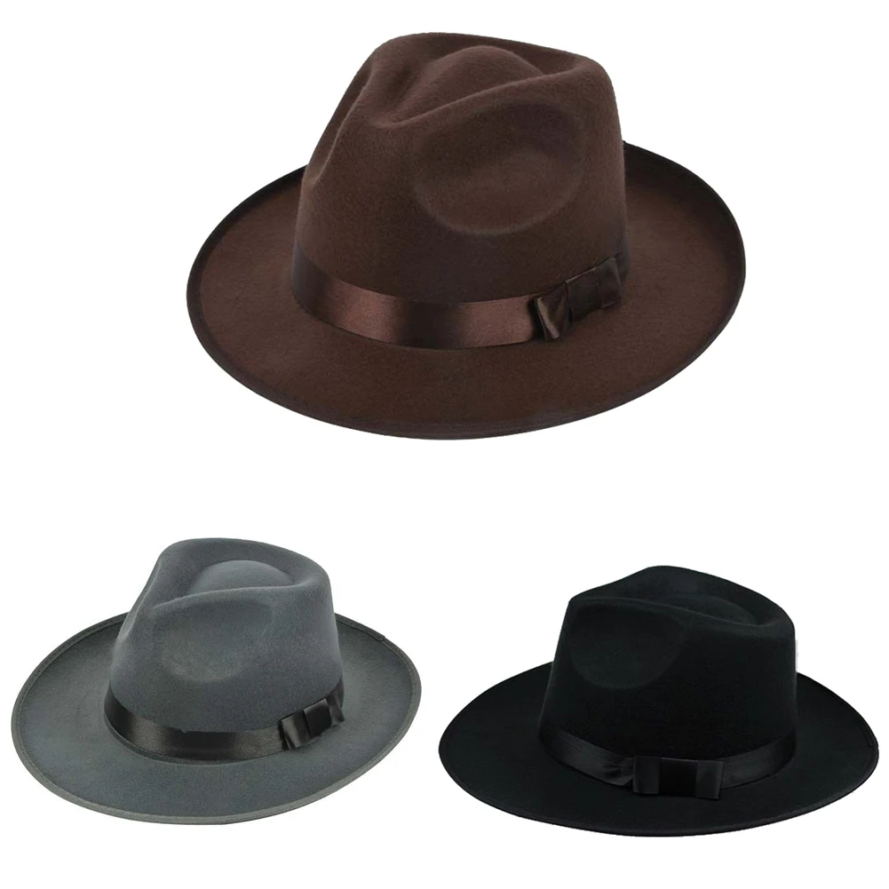 Unisex Men Women Hats Caps Panama Fedora Trilby Straight Wide Brim Hard Felt Black