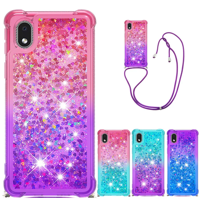

Strap Lanyard Quicksand Phone Case For Samsung Galaxy A01 Core A02 M02 A02S A12 A32 5G Soft TPU Glitter Liquid Back Cover Funda