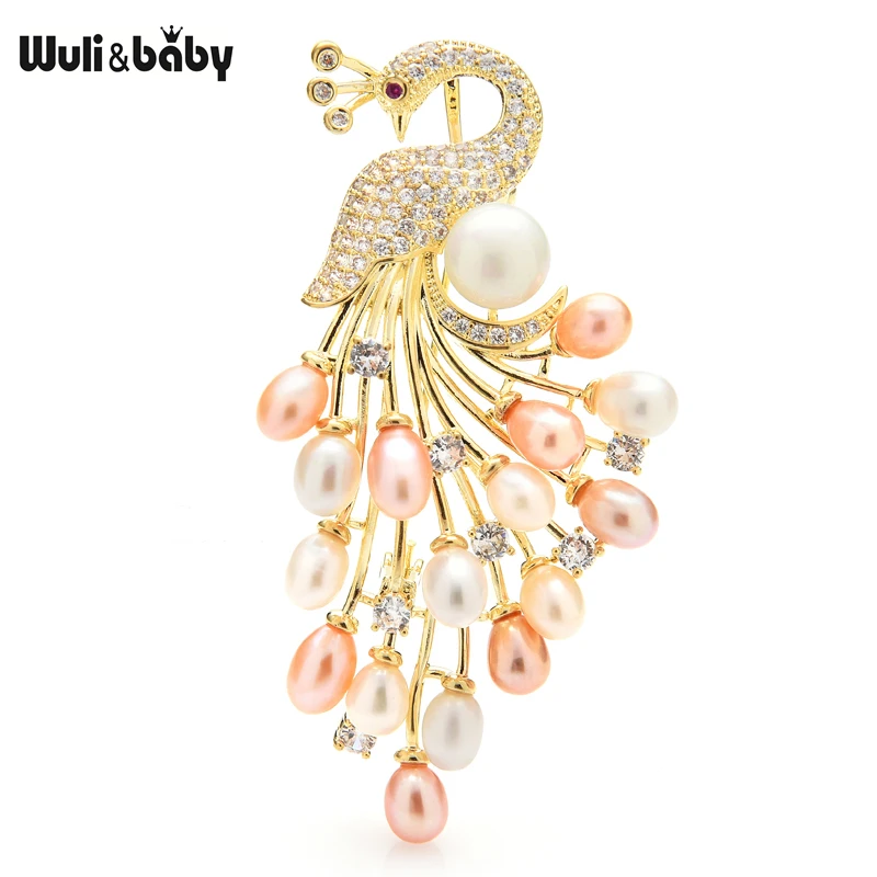 

Wuli&baby Luxury Natural Pearl Peacock Brooches Women Unisex Cubic Zirconia Big Bird Party Office Brooch Pins Gifts