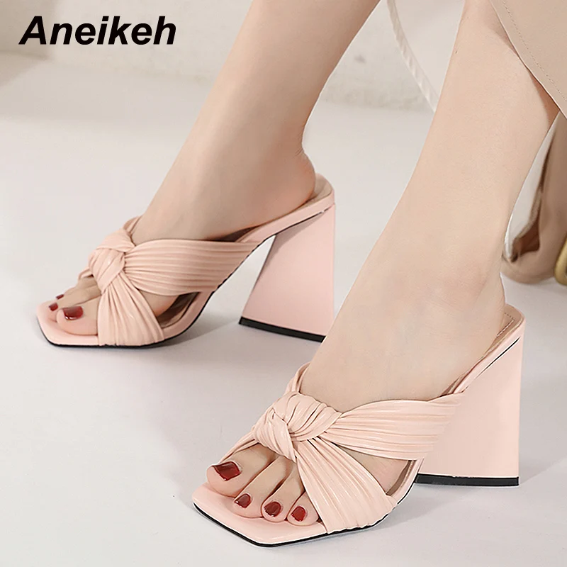 

Aneikeh Sexy Shallow Butterfly-Knot Sandals Slippers For Woman Peep Toe Summer High Heel Shoes Outside 2022 Pleated Hollow Mules