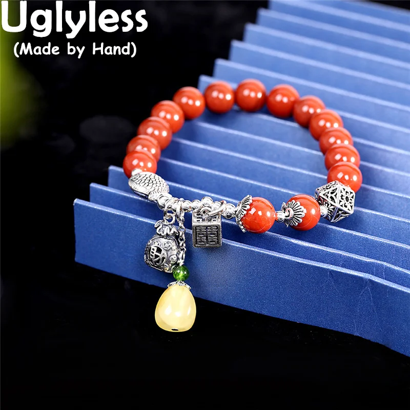 

Uglyless Elastic Rope Beading Gemstones Agate Bracelets for Women Amber Beeswax Bracelets Thai Silver 925 Silver Charms Jewelry