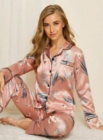 ladies pajamas set leaf print pink long sleeve for women girls loungewear