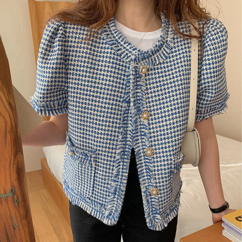 

Summer Gentle Elegant Coats Women Korean Temperament O Neck Tassel Patchwork Tops Pearl Button Loose Puff Sleeve Jacket
