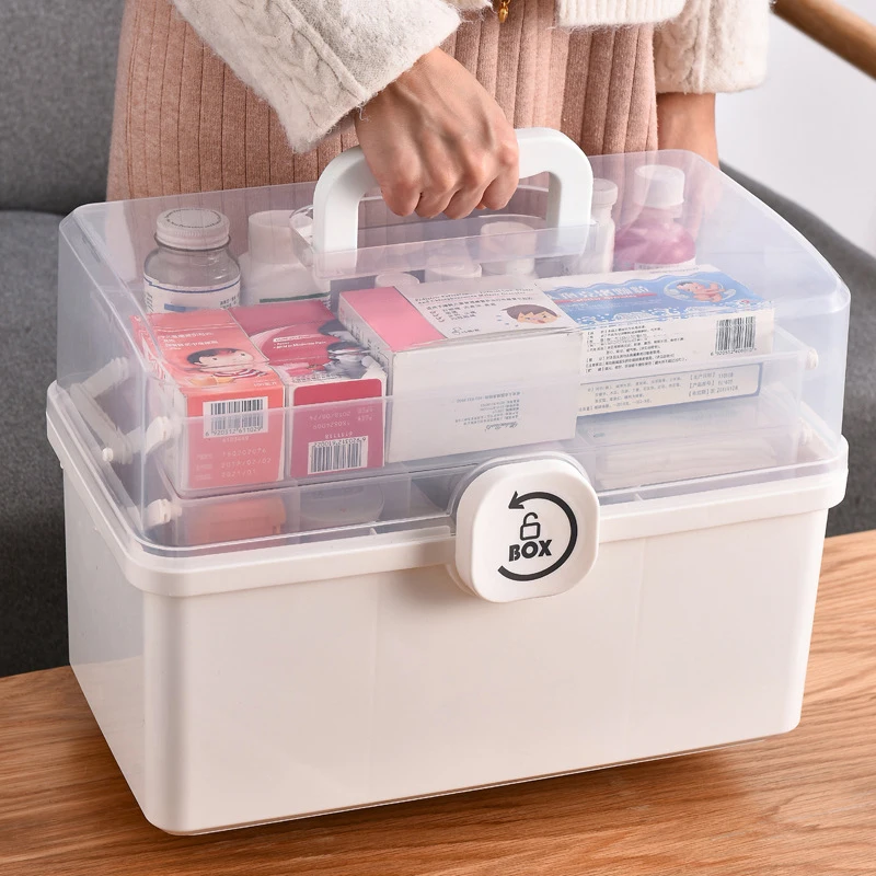 

3/2 Layer Portable First Aid Kit Storage Box Plastic Multi-Functional Family Emergency Kit Box with Handle FA