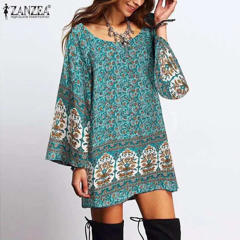 

ZANZEA Women Summer Long Sleeve Floral Printed Dress Bohemian Holiday Short Vestidos Oversized Casual Beach Party Mini Dress