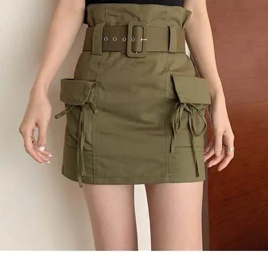 Весенняя женская мини юбка с высокой талией Женская армейская зеленая женские