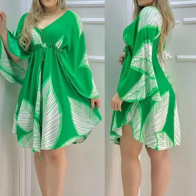 

V-neck dress with leaf print and waist high waist sexy short skirt for women strawberry dress plus size clothing for women