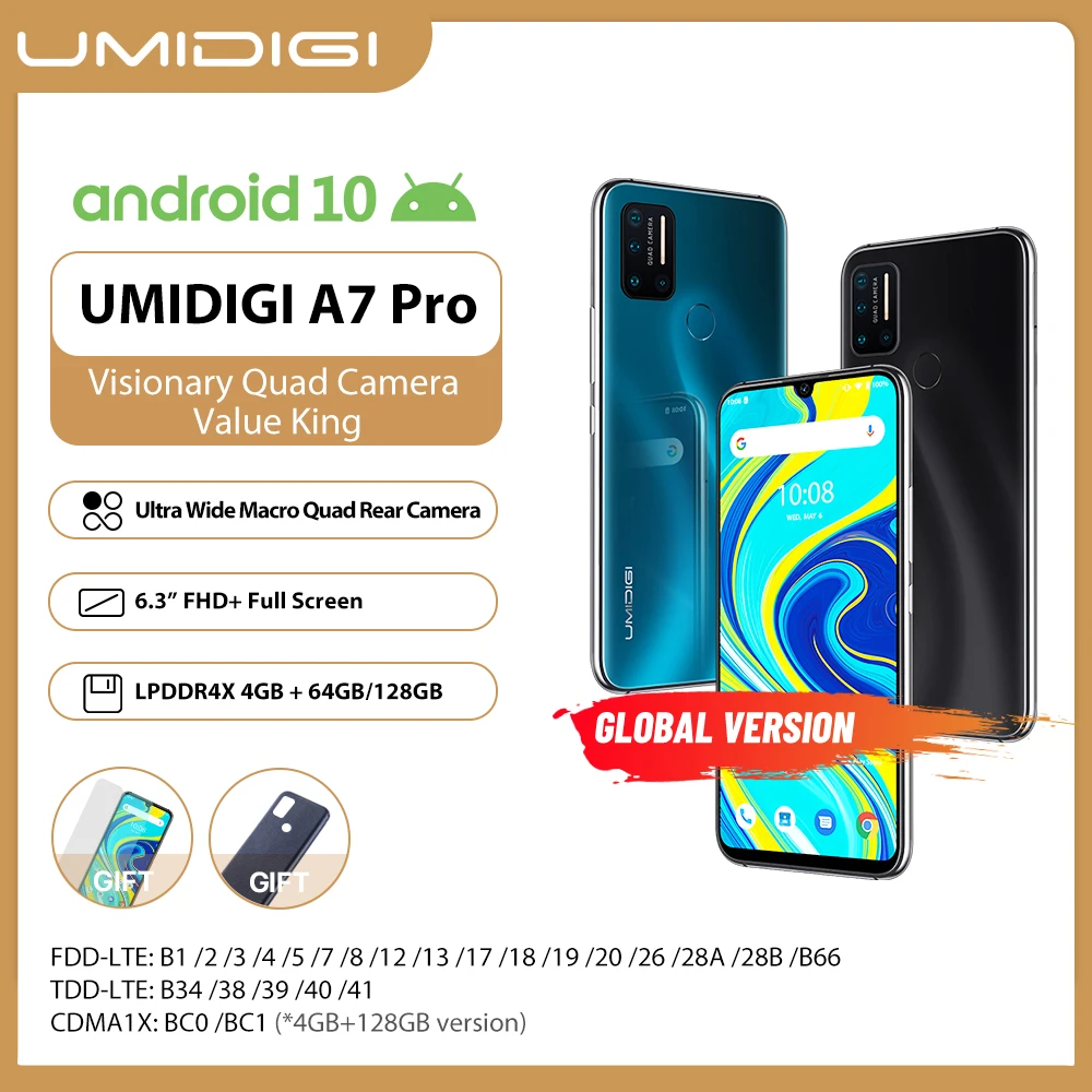 UMIDIGI A7 Pro Quad Camera Andriod 10 OS 6 3 &quotFHD + полный экран 64 Гб/128 ГБ ROM LPDDR4X Восьмиядерный