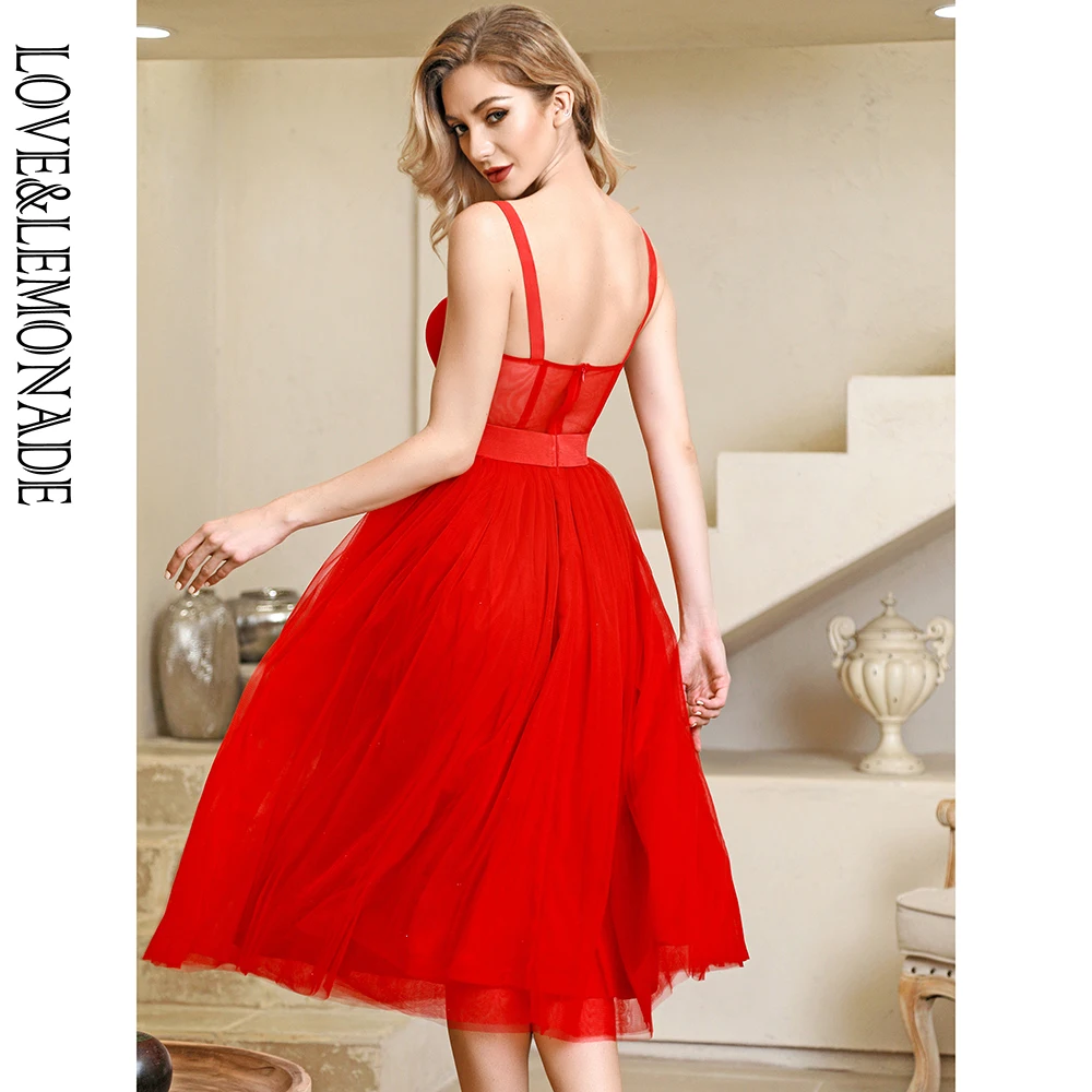 

LOVE&LEMONADE Sexy Red Tube Top Perspective Stitching A-Line Mesh Puffy Party Dress LM82587
