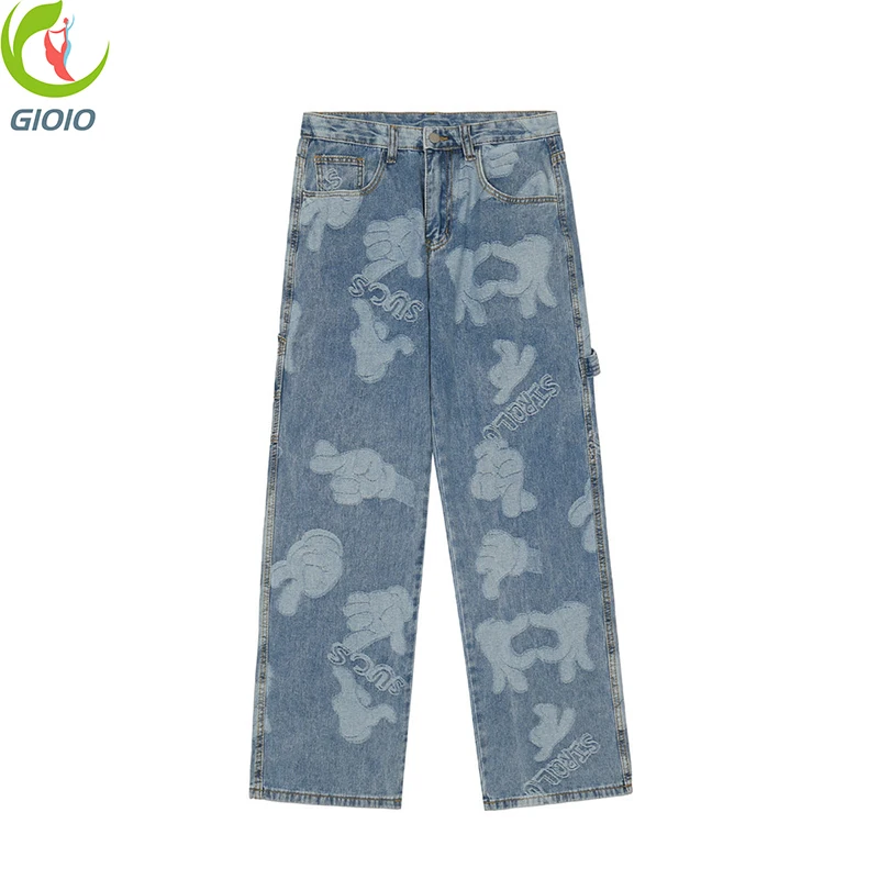 

Уличные хип-хоп мужские и женские уличные Мультяшные жаккардовые джинсы с широкими штанинами для женщин и мужчин в стиле Харадзюку Свободн...