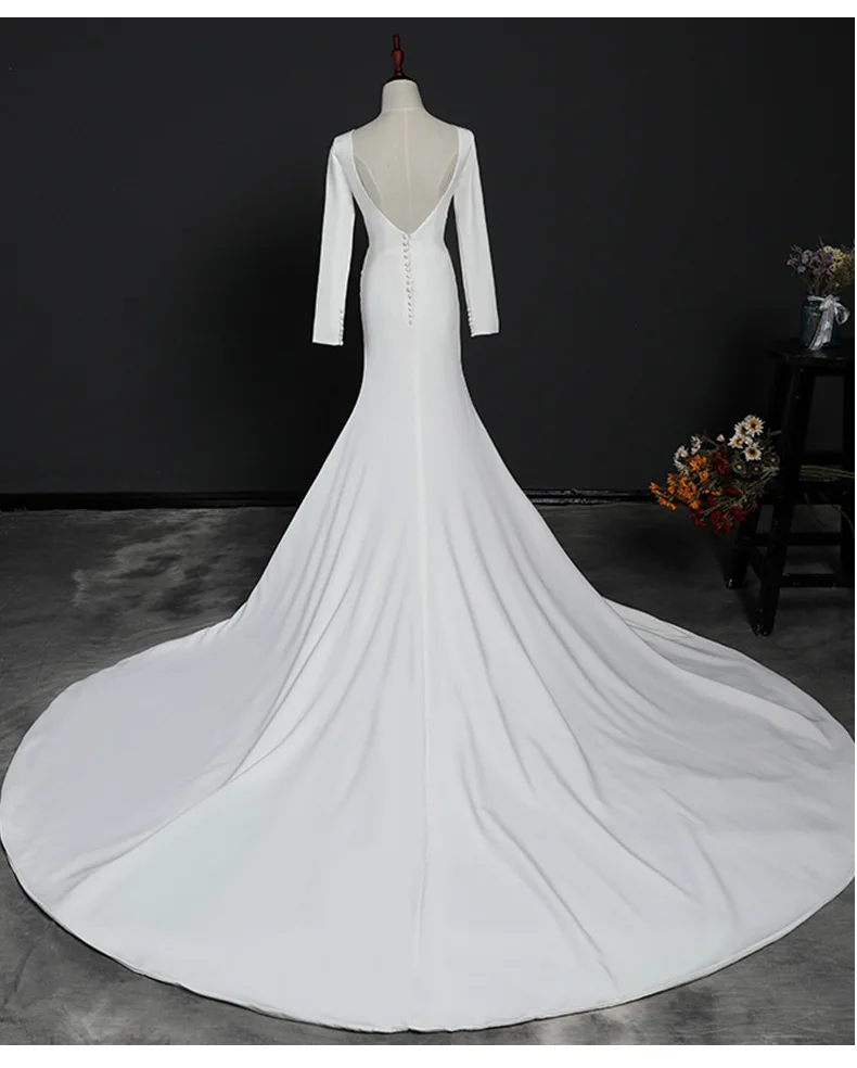 Праздничное платье простой Mermai свадебное из сатина с круглым вырезом и длинными