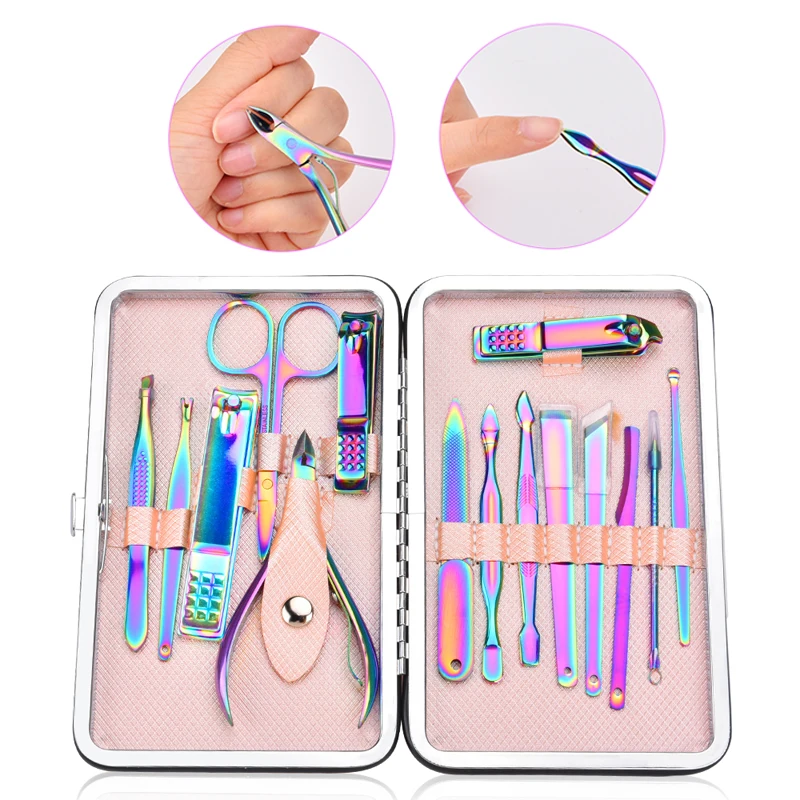 Newest Rainbow Chameleon Manicure Nail Kits Stainless Steel Clippers Cutter Pliers Sanding File Acne Needle Toenail Grooming Set