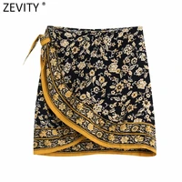 zevity new women vintage yellow patchwork floral print sarong skirt faldas mujer female side bow tied kimono mini vestido qun844