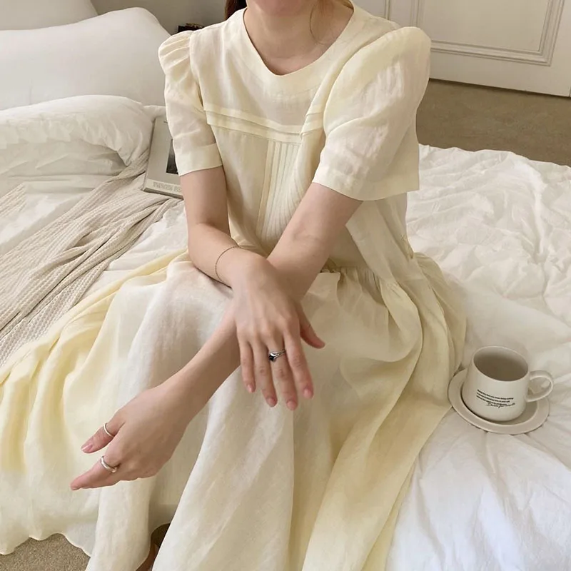 

Шикарное летнее платье во французском стиле, нежное плиссированное платье с круглым вырезом и коротким рукавом, однотонное повседневное дл...