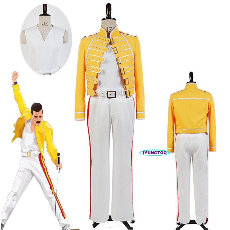 Queen Lead Vocal Freddie Mercury Wembley On Stage Men Women Cosplay Yellow Jacket White Pants Halloween Costume Suit Cloth Set