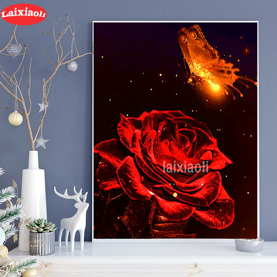 

Алмазная картина "сделай сам", вышивка с изображением розы и бабочки, вышивка крестиком 5D, картина-мозаика, украшение для дома