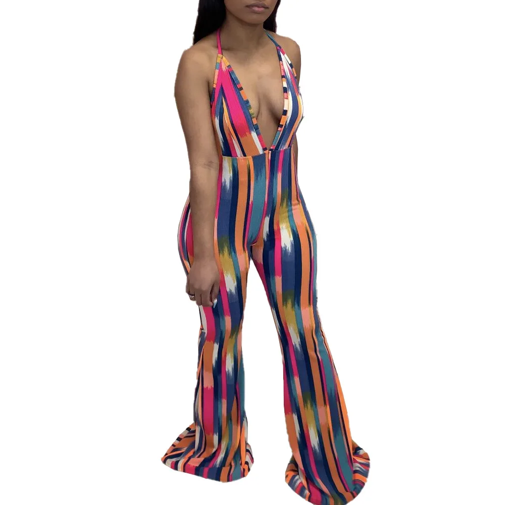 

Halter Backless Striped Jumpsuit Womens Summer Clothing 2021 African Flare Pants Suits Sexy Club Outfits