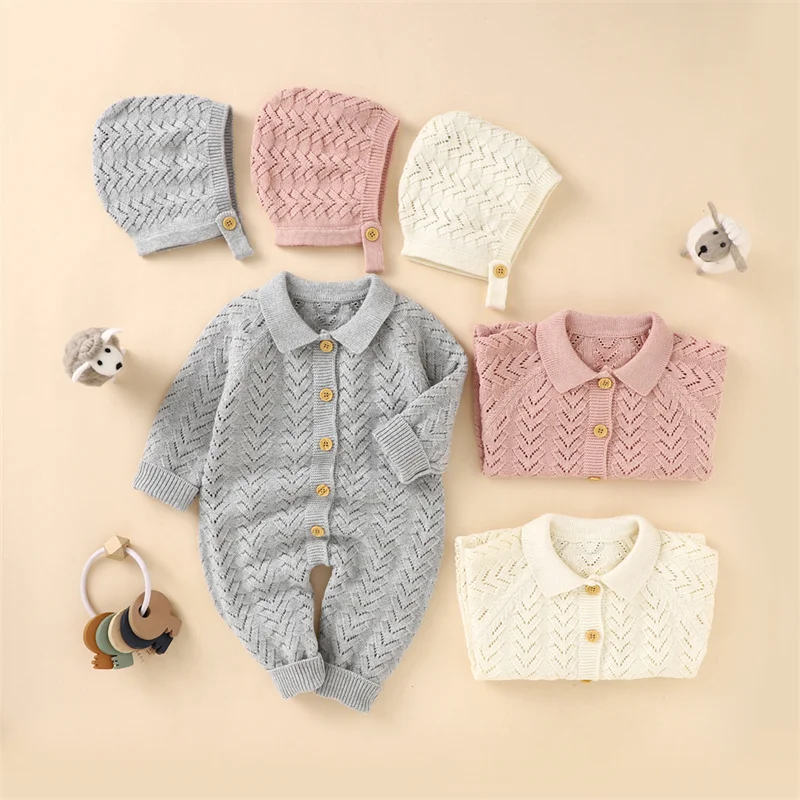 

Infant Baby Girls Boys Fashion Outfits Single Breasted Ribbed Jumpsuit + Hat Sets Spring and Autumn Clothing