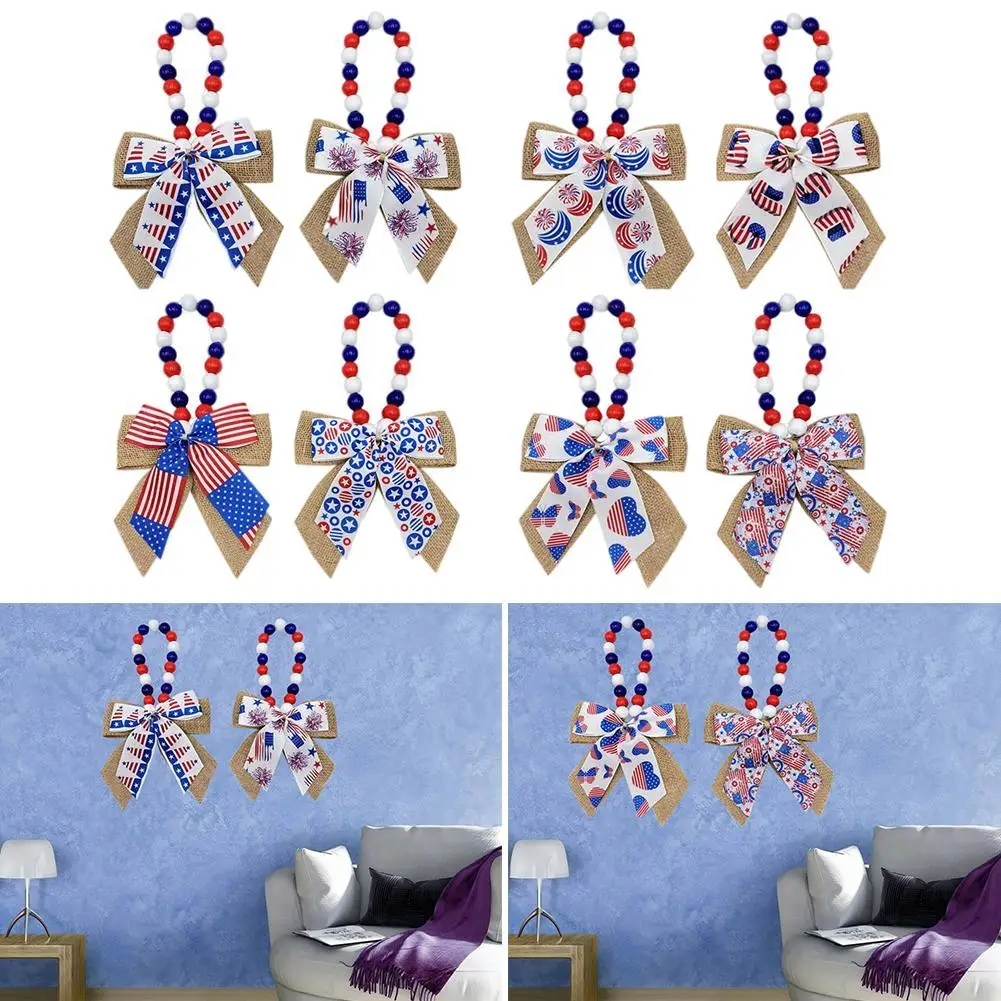 

Independence Day Bow Beaded Strings American National Day Decorations Linen Ribbon DIY Bow Knot Pendant Home Decoration Ornament