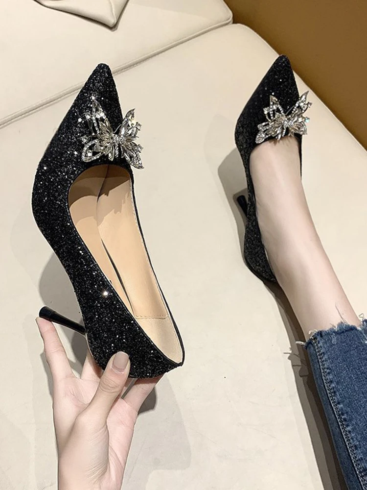 

Shallow Mouth Fine Heeled Shoes Lace-Up Slip On Pointed Pumps Sexy Sandals 2021 Clogs for Women Stiletto Crystal Gold Slip-On To