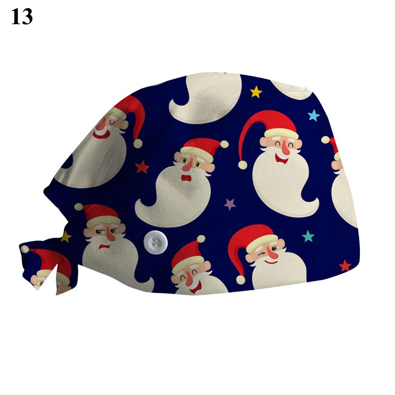 

1pc Christmas Style New Scrub Nurse Hat Canta Claus Nursing Caps Scrub Cap Cartoon Printing Sanitary Cap Unisex Surgical Cap Hot