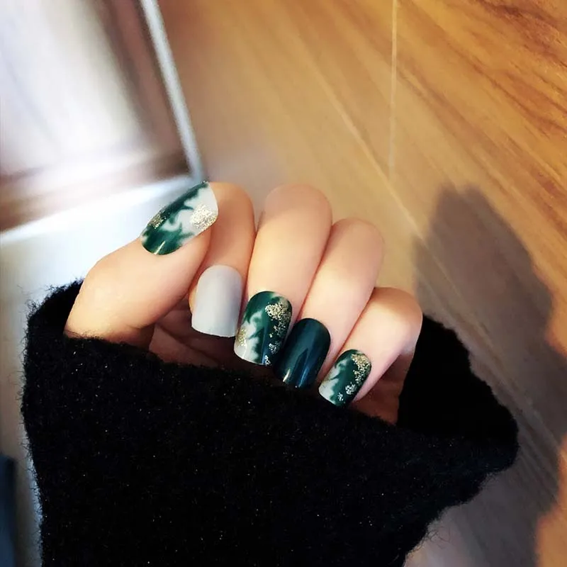 Набор из 24 искусственных ногтей зеленые цветущие накладные ногти для женщин