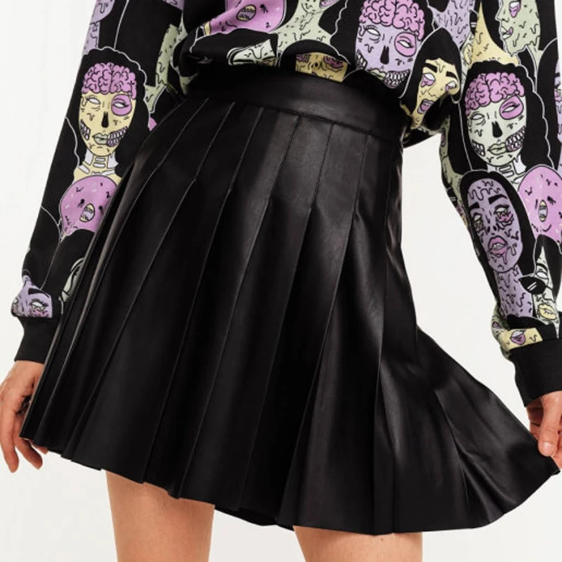 

MUICHES Sweet PU Leather Pleated Skirt Female High Waist Sexy A-line Mini Skirts For Women 2021 Cool Girls Fall Solid