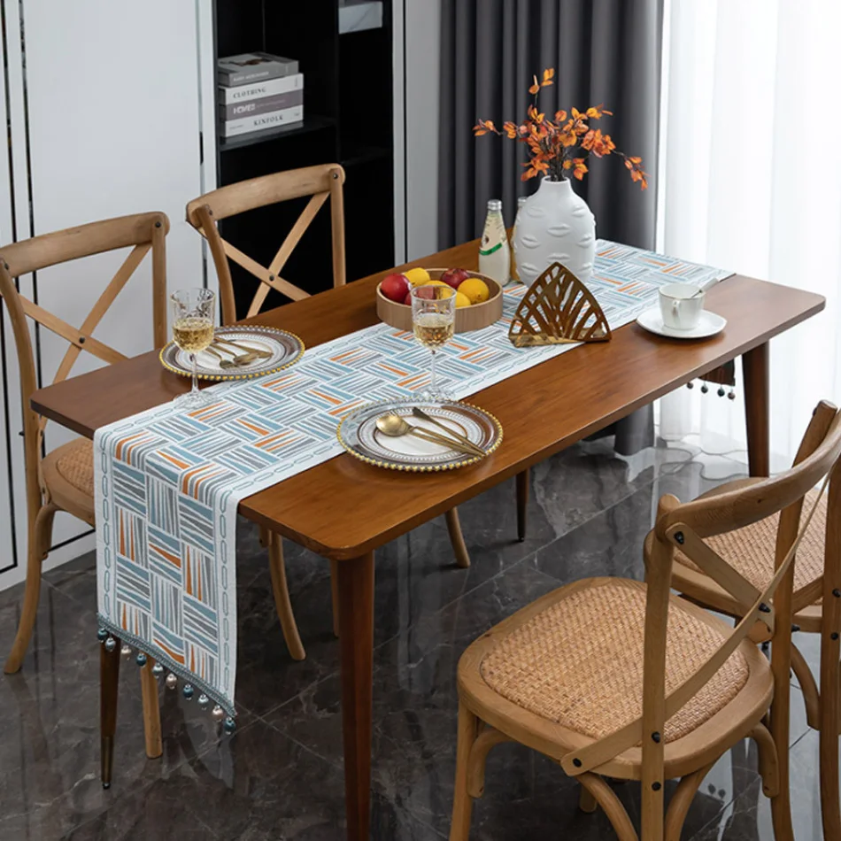 

Modern Minimalist Striped Geometric Chenille Table Runner Bedroom Light Luxury Bed Towel Bead Ball Tassel Fashion Table Runner