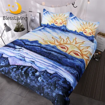 BlessLiving Abstract Costal Beach Duvet Cover Morning Sun Over Ocean Bedding Set 3 Piece Blue White Natural Inspired Bed Set 1