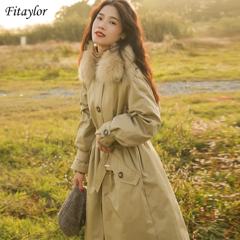 

Fitaylor Winter 90% White Duck Down Long Parkes Women Natural Fox Fur Trench Coat Thicken Down Jacket Feather Puffer with Belt