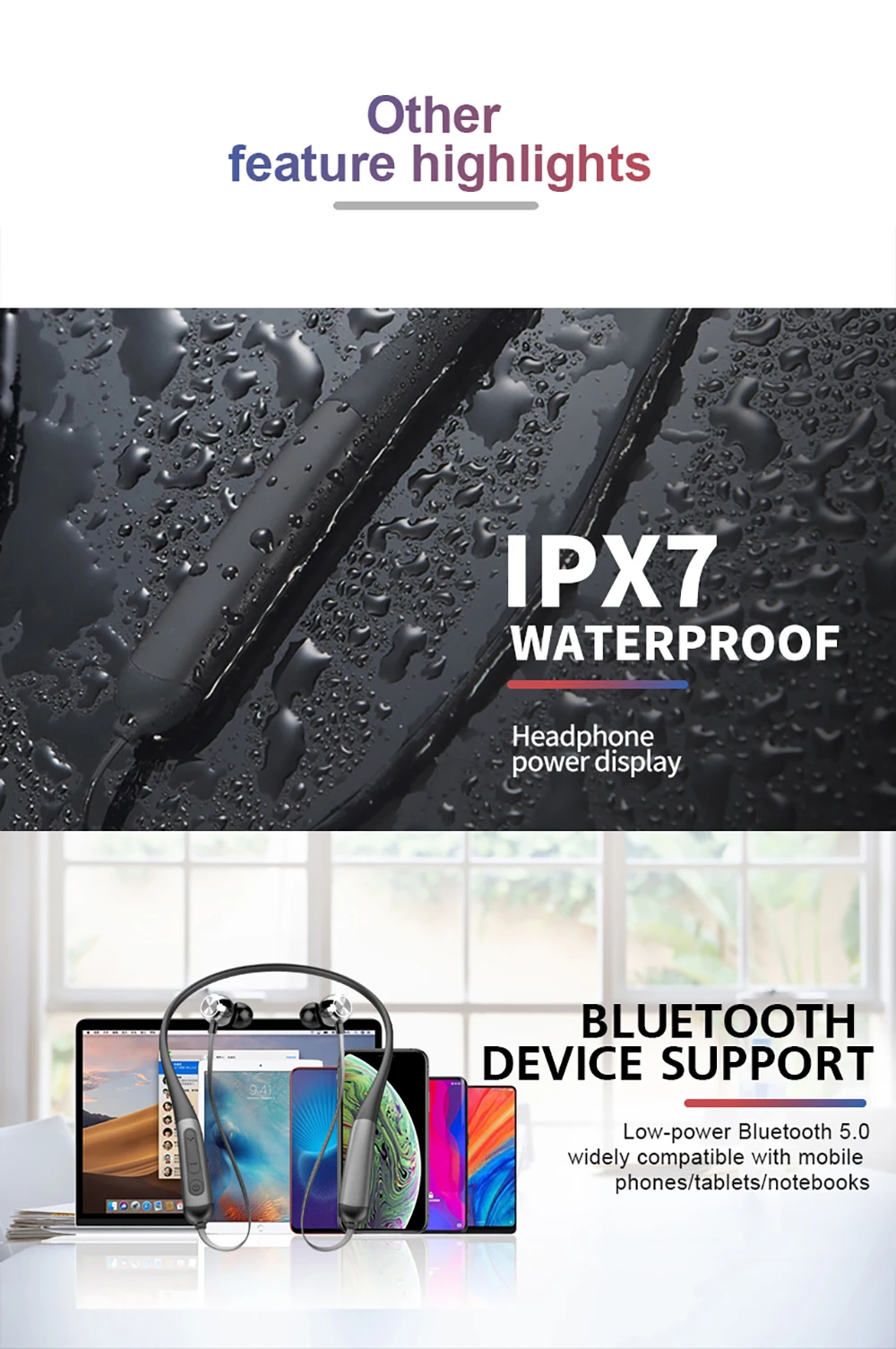 Bluetooth наушники с шейным ремешком, стерео гарнитура, беспроводные Bluetooth спортивные наушники с микрофоном для универсальных всех мобильных телефонов, водонепроницаемые