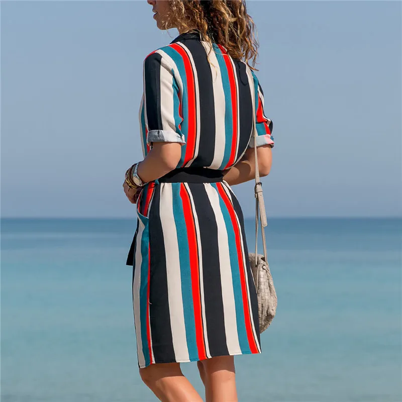

Dress 2021 Summer Striped A-line Print Boho Beach Dresses Women Long Sleeve Office Shirt Dress Mini Party Dress
