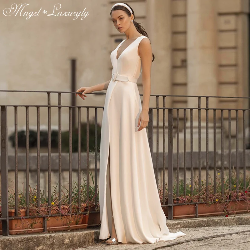 

Luxury Matte Soft Satin A Line Wedding Dresses Sleeveless Belt Sexy Slit Bridal Gowns V Neck Backless Custom