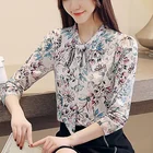 Осенняя женская рубашка, корейский Топ с длинным рукавом, шифоновая блузка с принтом, повседневные рубашки с бантом, женская блузка