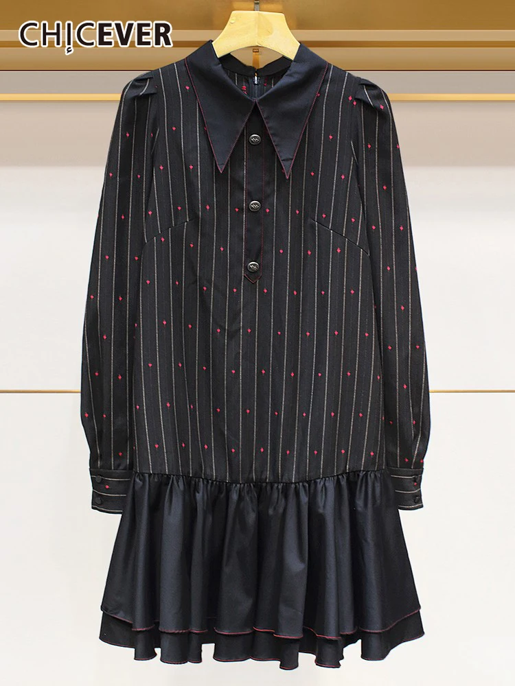 

CHICEVER Striped Shirt Dress For Women Lapel Loose Long Sleeve Ruffle Trim Hem Mini A Line Dresses Female 2021 Autumn Clothing