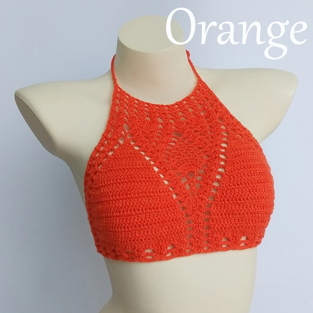 orange top Белый сексуальный бикини размера плюс, вязанный крючком Топ, есть подкладка, женский купальник, пуш-ап бюстгальтер, выдалбливают, Холтер, вязанный желтый Бикини Топ - Цвет: orange top