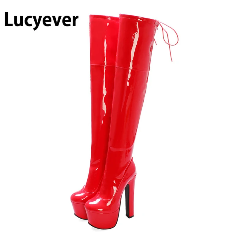 

Lucyever Sexy Women Over The Knee Boots 17CM Super High Heels Patent Leather Boots Woman 2019 Autumn Winter Shoes Woman Big Size