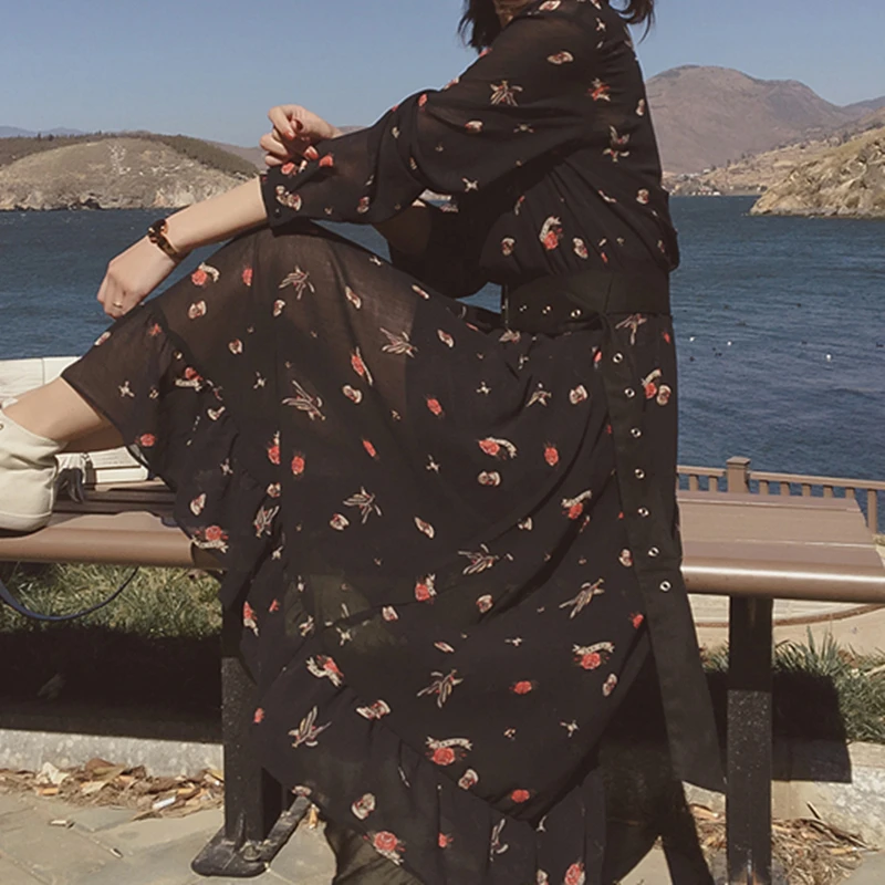 Женское шифоновое платье с цветочным принтом черное ТРАПЕЦИЕВИДНОЕ ПЛАТЬЕ