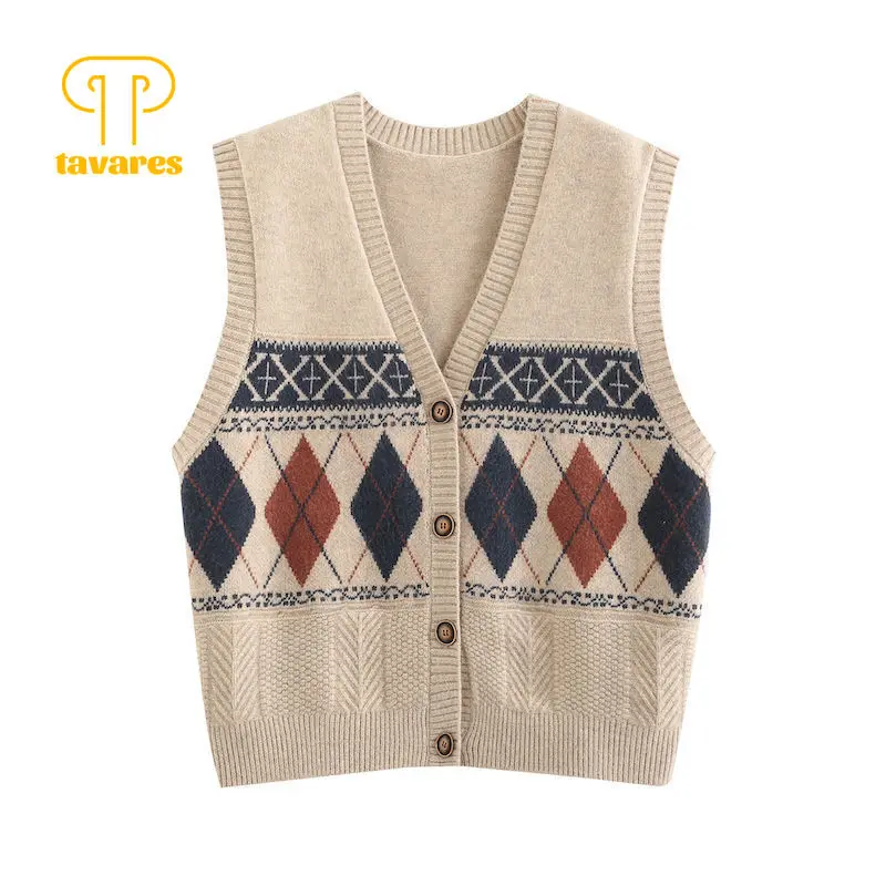 

TAVARES Sweaters Vests Autumn Winter Clothes Women V-Neck Cardigan Knitwear Argyle Knitted Sweater Waistcoat Vintage Top