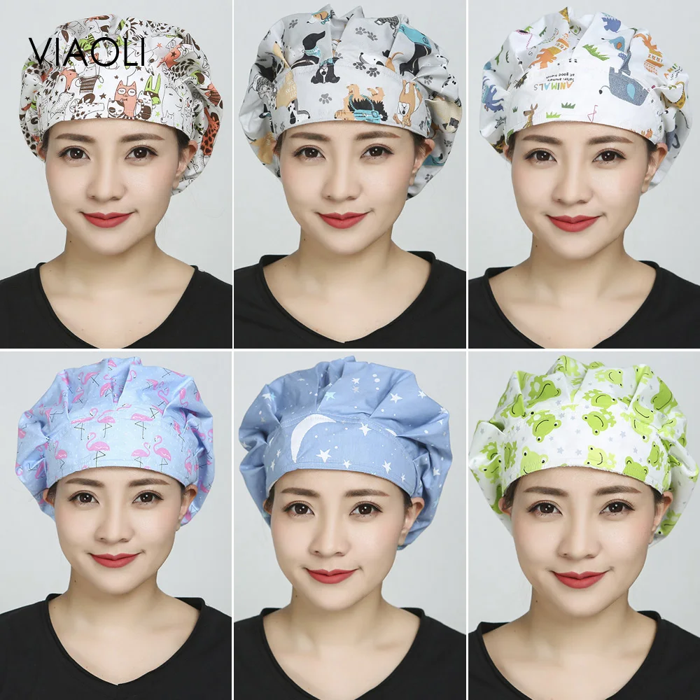 

wholesale Breathable High Quality cartoon printing Elastic Scrub hat pet shop hat beauty salon unisex Tieback Scrub fluffy Cap