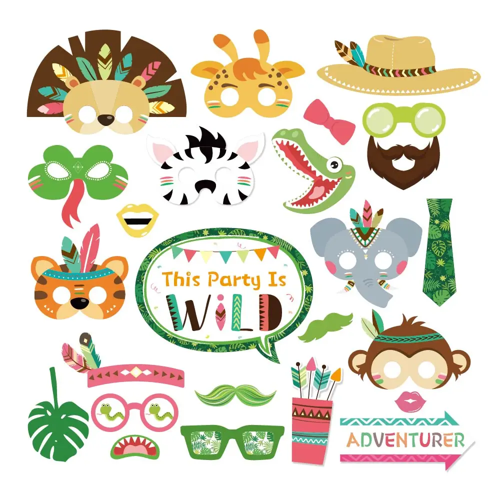 

25pcs Indian Wild Animals Photobooth Props DIY Cartoon Animals Happy Birthday Party Decorations Baby Shower Kids Party Favors