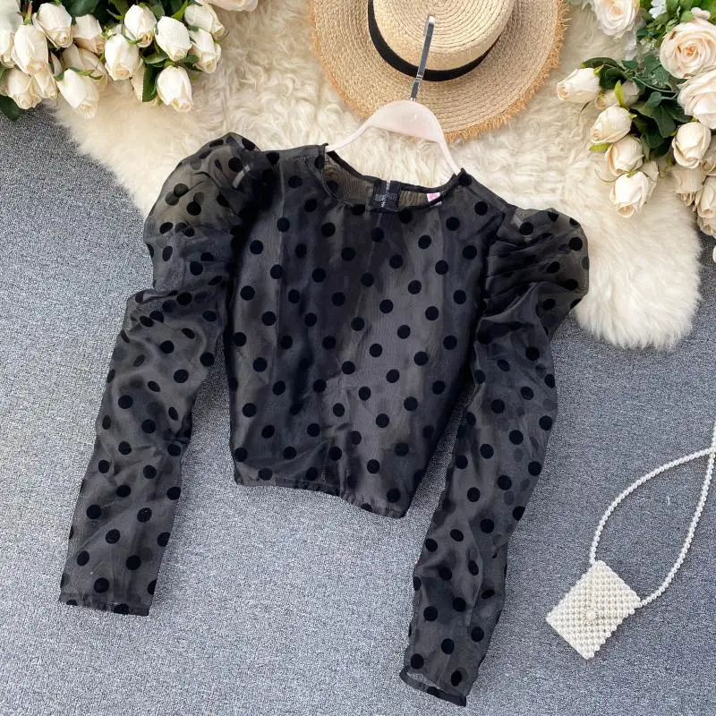 Ретро в горошек с принтом женский дизайн буфами на рукавах короткая блузка топы