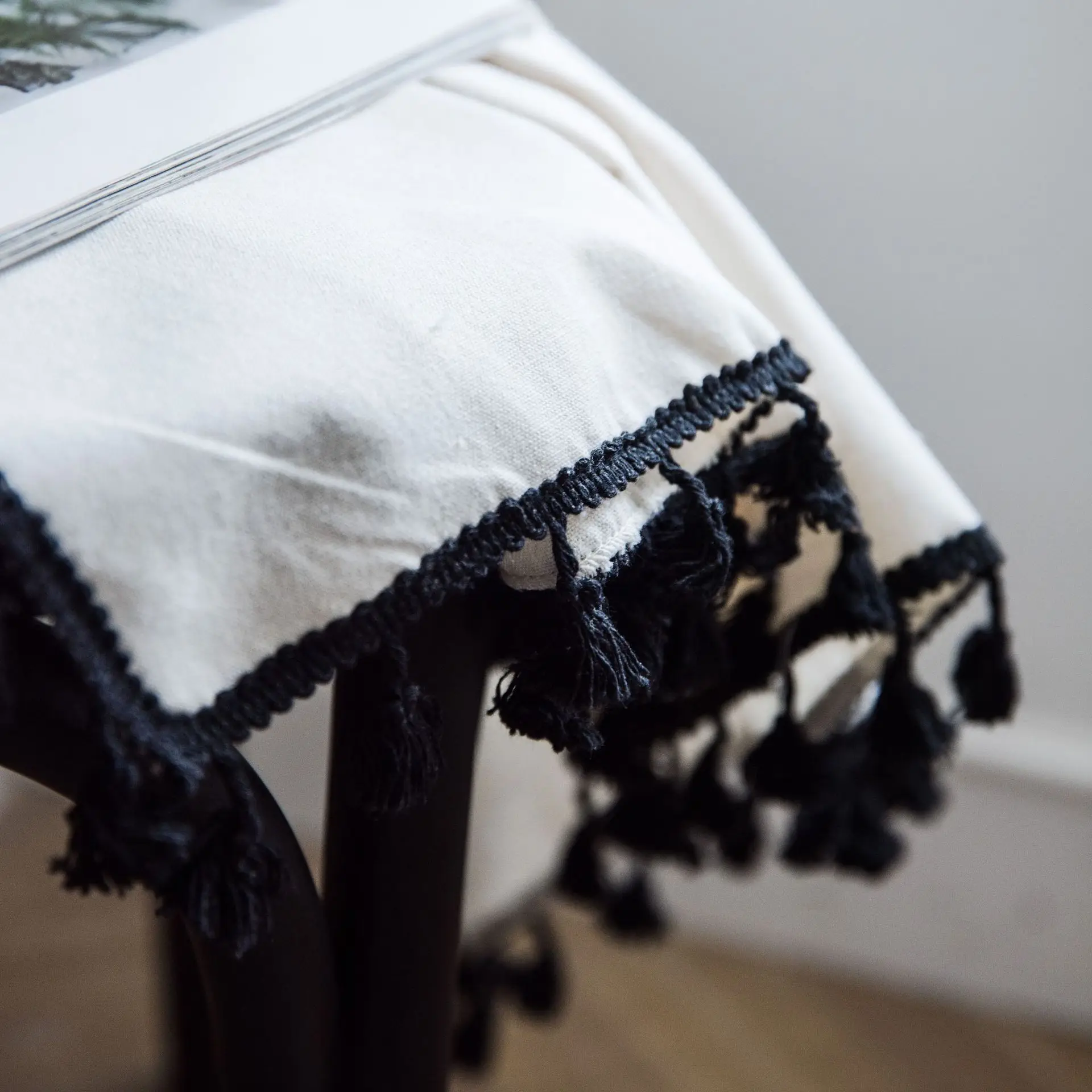 

Curtain finished cotton linen solid color black tassel semi shading kitchen curtain Japanese simple partition curtain bay window
